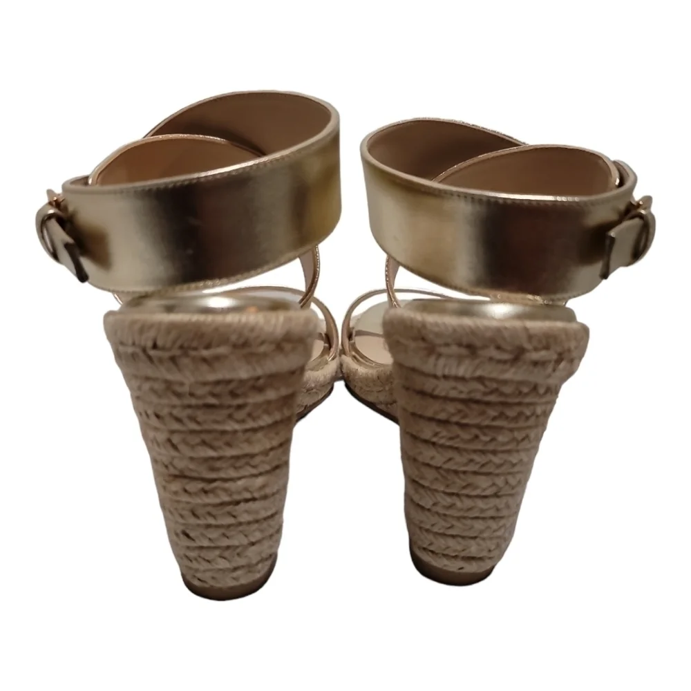 Stuart Weitzman Lexia Gold Metallic Leather Espadrille Buckle Wedges 10